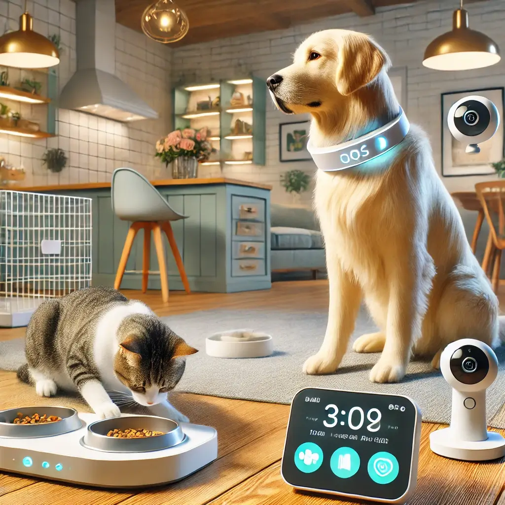 Best smart pet gadgets: a golden retriever with a GPS collar, a cat using an automatic feeder, and a pet camera with a treat dispenser in a tech-savvy home.