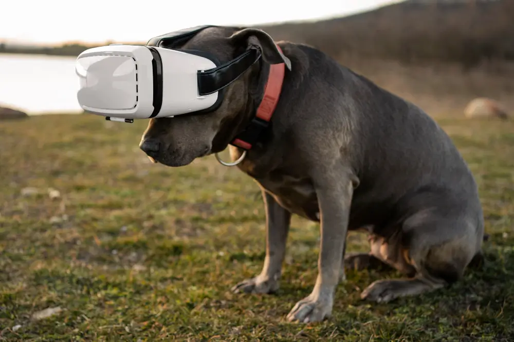 A cute dog wearing VR glasses outdoors, symbolizing modern technology and showcasing the innovative impact of artificial intelligence in pet care.