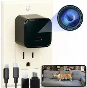 Plug-in Alpha Tech Hidden Camera Charger recording a dog on a couch in Full HD 1080p, discreet home pet monitoring device without Wi-Fi