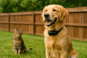 Dog and cat in a sunny backyard with a smart GPS collar and wooden fence, representing GPS dog fence vs traditional fence comparison