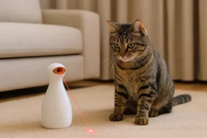 Photorealistic cat playing with an automatic laser toy in a bright modern living room, illustrating the best laser toys for cats 2025