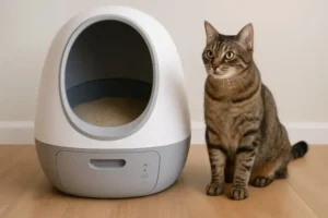 Cat next to a modern self-cleaning litter box in a bright home interior, representing the best self-cleaning litter boxes 2025