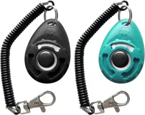 Dog training clickers with wrist strap shown in black and teal, used for positive reinforcement pet training