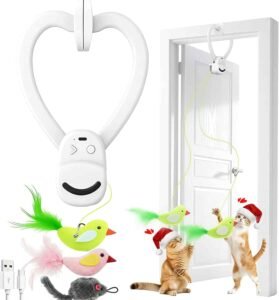 Automatic interactive cat toy hanging on door frame with moving feather birds for indoor cat enrichment play