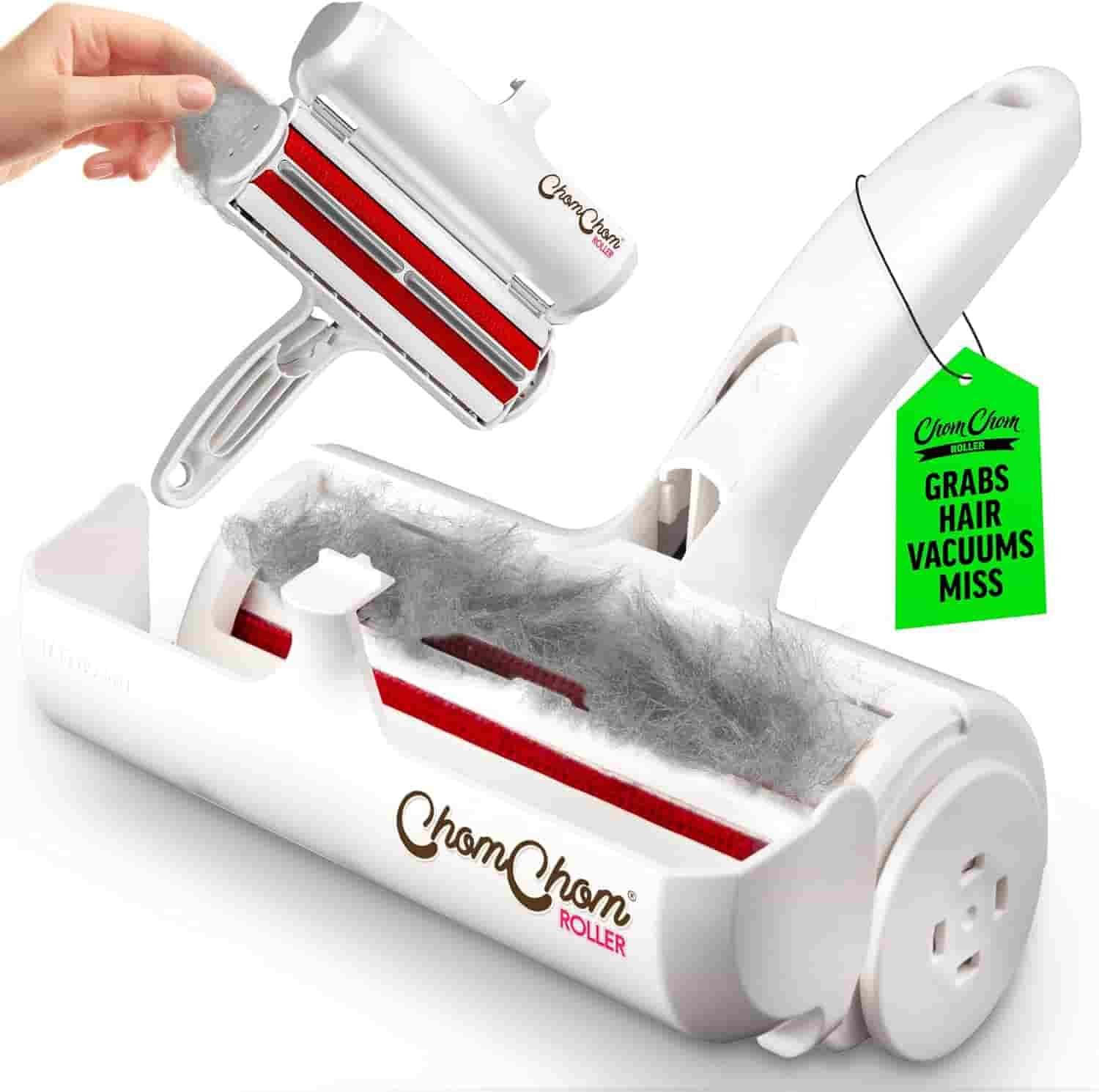 Reusable pet hair remover collecting dog and cat hair from couch upholstery with built-in self-cleaning chamber